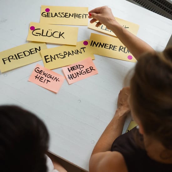 Frauen arbeiten mit Begriffskarten zu Heißhunger, Entspannung und Gewohnheit – Workshop zum Thema emotionales Essen